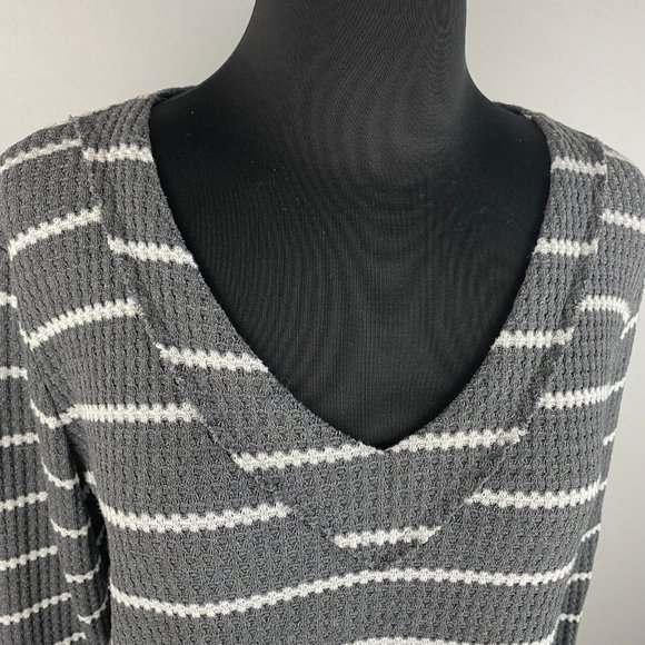 Altar'd State S Gray White Stripe Waffle Knit Long Sleeve Top Rounded Hem - Picture 2 of 12